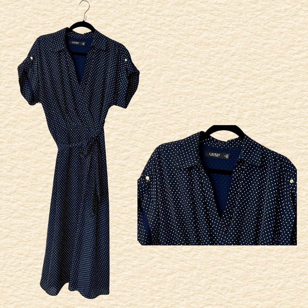 Navy Polka Dot Wrap Dress (Size 10)